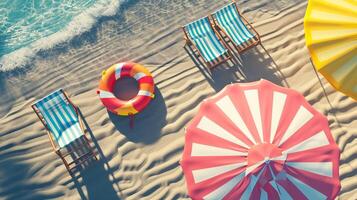 AI generated Beach umbrella chairs, inflatable ring on beach sand. summer vacation concept.top view Ai Generated photo