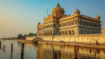 AI generated Photo of majestic, historical building with intricate architectural details, standing beside serene body of water under clear sky. The building has large dome at the top Ai Generated