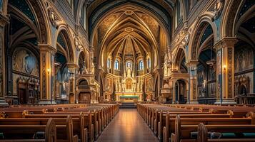 ai generado foto de el interior de grandioso Iglesia con intrincado arquitectónico detalles. madera bancas son alineado en filas líder arriba a el altar ai generado