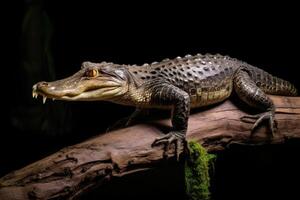 AI generated Young crocodile on stick in Sri Lanka river. photo