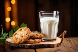 AI generated Milk and cookies on wooden background photo