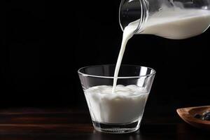 AI generated Milk poured from pot into glass on table. photo