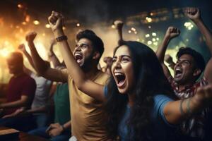 AI generated Indian couples celebrating Indias win in live cricket match at home photo