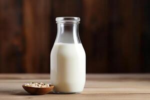 ai generado sano comiendo concepto con Leche botella y vaso. foto