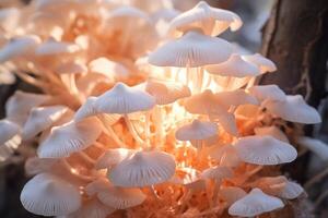 AI generated Macro photography of colorful mushrooms on tree. photo