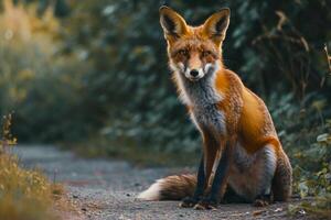 ai generado un zorro sentado atentamente en un camino rodeado por naturaleza ai generado foto