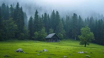 AI generated serene forest with solitary cabin in the middle of green field surrounded by tall, dense trees. The atmosphere is foggy, giving the scene mystical and tranquil vibe Ai Generated photo