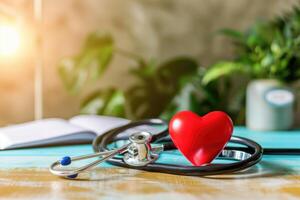 AI generated World health day concept Healthcare medical insurance with red heart  saving bank and stethoscope photo