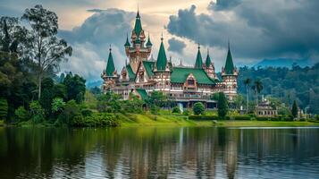 AI generated Photo of majestic castle like structure, surrounded by lush greenery and serene body of water. The building multiple towers with pointed roofs, and green rooftops. Ai Generated