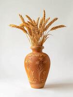 AI generated image features vase with wheat stalks protruding from its opening. The vase is two toned, with the upper part being lighter shade of brown and the lower part darker Ai Generated photo