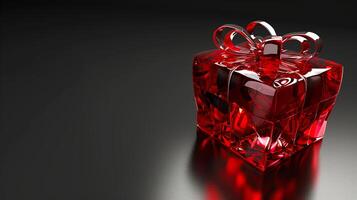 AI generated 3D gemstone Gift Box Heart, Ribbon, Empty Space, Top View, black background Ai generated photo