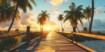 AI generated boardwalk with palm trees in tropical island at sunset, in the style of luxurious Ai Generated photo