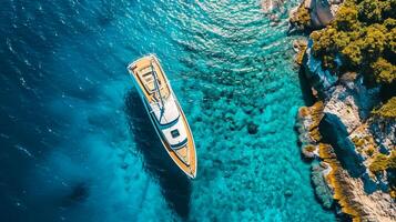 AI generated Aerial drone top down ultra wide photo of luxury yacht anchored in tropical exotic island Ai Generated