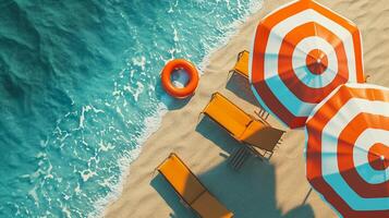 ai generado playa paraguas sillas, inflable anillo en playa arena. verano vacaciones concepto.arriba ver ai generado foto