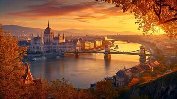 ai generado imagen de escénico ver de ciudad con prominente arquitectónico estructura, puente terminado río, y el rodeando paisaje bañado en el calentar resplandor de puesta de sol ai generado foto