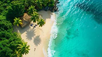 AI generated Photo of tropical beach with crystal clear waters, white sands, and lush greenery. The waters should be crystal clear turquoise Ai Generated