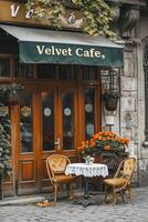 AI generated exterior of Velvet cafe with its name elegantly written on the awning. Ai generated photo