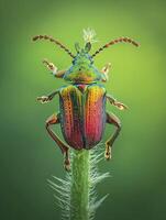 ai generado vibrante, vistoso escarabajo encaramado en un verde vástago en contra un suave verde antecedentes ai generado foto