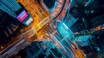 AI generated image is an aerial view of busy city intersection at night. Multiple roads converge at this point, creating an intricate pattern marked by various lanes and crosswalks. Ai Generated photo