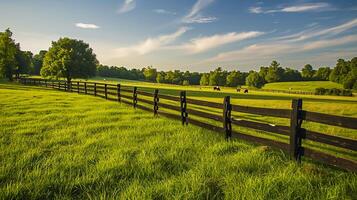 AI generated split rail fence stretches across the countryside, dividing the lush green fields, and horse grazes peacefully nearby, long exposure photography Ai Generated photo