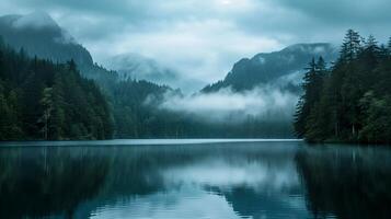 AI generated tranquil lake surrounded by dense forest with misty mountains in the background. The water in the lake is still, reflecting the surrounding landscape like mirror Ai Generated photo