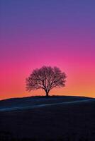 ai generado solitario árbol silueta en contra un degradado puesta de sol cielo ai generado foto