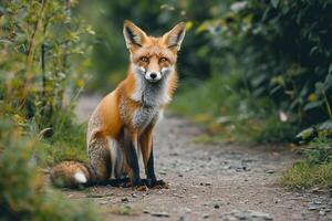 ai generado un zorro sentado atentamente en un camino rodeado por naturaleza ai generado foto