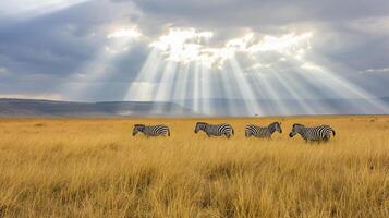 ai generado sereno paisaje dónde un grupo de cebras pacer pacíficamente en medio de alto, dorado pastos ai generado foto