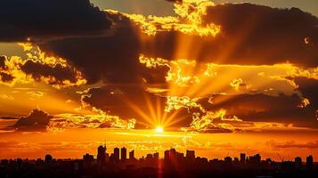 ai generado maravilloso foto de puesta de sol terminado ciudad horizonte. el Dom es parcialmente oscurecido por nubes, fundición un formación de dorado rayos a través de el cielo ai generado