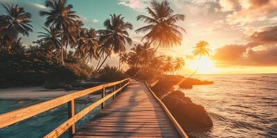 AI generated boardwalk with palm trees in tropical island at sunset, in the style of luxurious Ai Generated photo