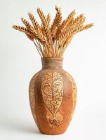 AI generated image features vase with wheat stalks protruding from its opening. The vase is two toned, with the upper part being lighter shade of brown and the lower part darker Ai Generated photo