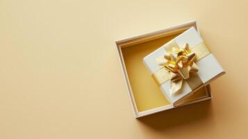 ai generado revelando lujo 3d regalo caja con oro cinta, vacío espacio, parte superior vista, ai generado foto