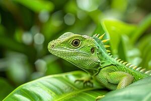 AI generated vibrant green lizard perched on bright green leaves Ai generated photo