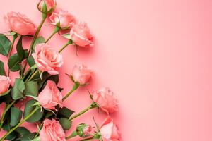 AI generated Pink flower wooden background. Wedding invitation Valentine's day top view empty space Ai generated photo