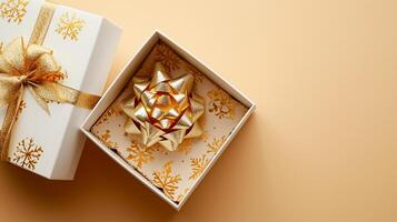 AI generated Empty open white gift box with gold ribbon on beige background, copy space Ai Generated photo