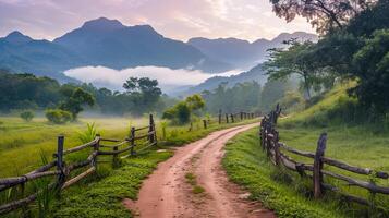 AI generated tranquil rural early morning . winding dirt path is prominent, leading the viewer eye through the it surrounded by lush greenery. wood fence runs alongside the path. Ai Generated photo