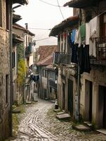 ai generado imagen capturas angosto, devanado guijarro calle forrado con antiguo edificios y lavandería colgando desde el balcones ai generado foto