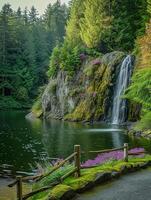 AI generated serene image captures picturesque scene of nature featuring waterfall, forest, pond and rocky Ai Generated photo
