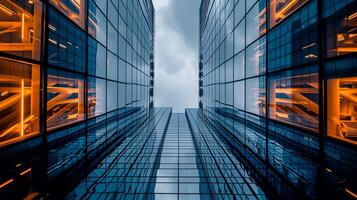 AI generated image shows low angle view of two tall buildings converging into the sky. Both buildings are made of reflective glass that mirrors the surrounding environment. Ai Generated photo