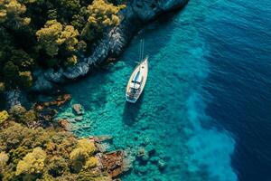 AI generated Aerial drone view top down ultra wide photo of luxury yacht anchored in tropical exotic island bay with crystal clear turquoise Ai Generated