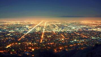 ai generado paisaje urbano a noche, iluminado por miles de luces ai generado foto