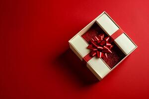 AI generated Red Elegance from Above 3D Top View Gift Box with Ribbon, Empty Space, Ai generated photo