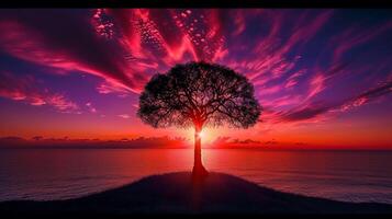 AI generated Photo of solitary tree silhouetted against vibrant sunset, standing on small hill surrounded by calm waters, clouds should be scattered across the sky Ai Generated