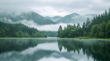 AI generated tranquil lake surrounded by dense forest with misty mountains in the background. The water in the lake is still, reflecting the surrounding landscape like mirror Ai Generated photo