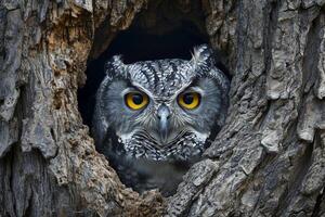 AI generated owl peeking out from a dark hole in a tree Ai generated photo