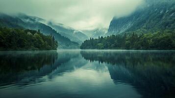 AI generated tranquil lake surrounded by dense forest with misty mountains in the background. The water in the lake is still, reflecting the surrounding landscape like mirror Ai Generated photo