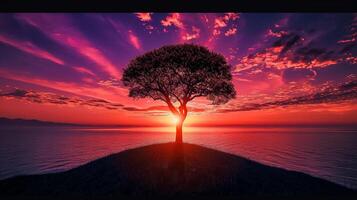 AI generated Photo of solitary tree silhouetted against vibrant sunset, standing on small hill surrounded by calm waters, clouds should be scattered across the sky Ai Generated