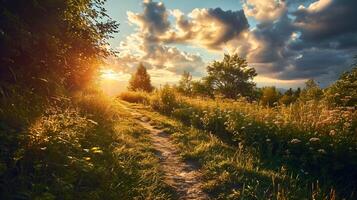 ai generado ruta en el medio de herboso campo debajo nublado cielo ai generado foto