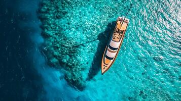 ai generado aéreo zumbido parte superior abajo ultra amplio foto de lujo yate anclado en tropical exótico isla ai generado