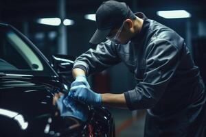 ai generado coche Servicio trabajador aplica nano revestimiento en coche detalle. foto